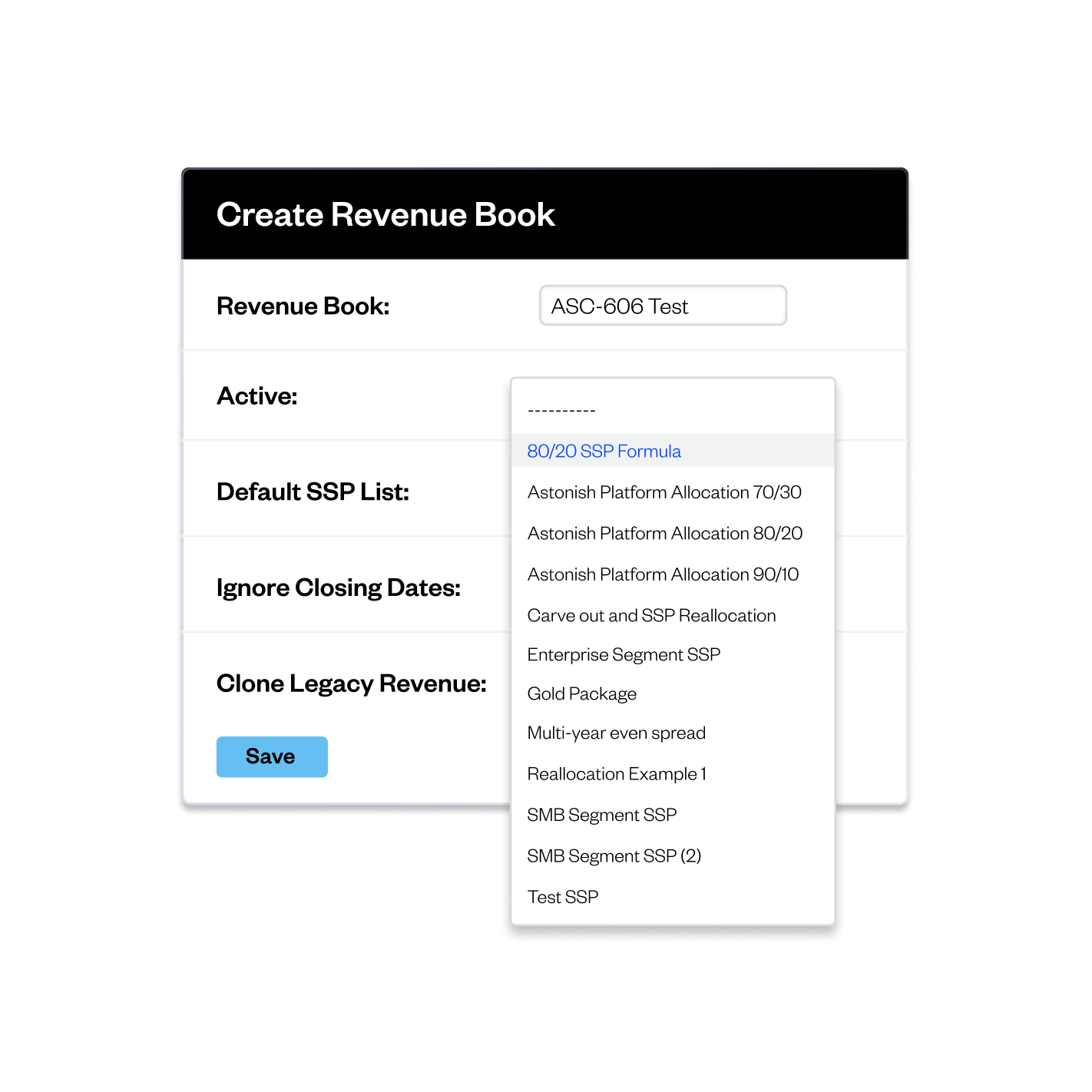Screenshot of creating a new revenue book in Maxio's Advanced Revenue Management module