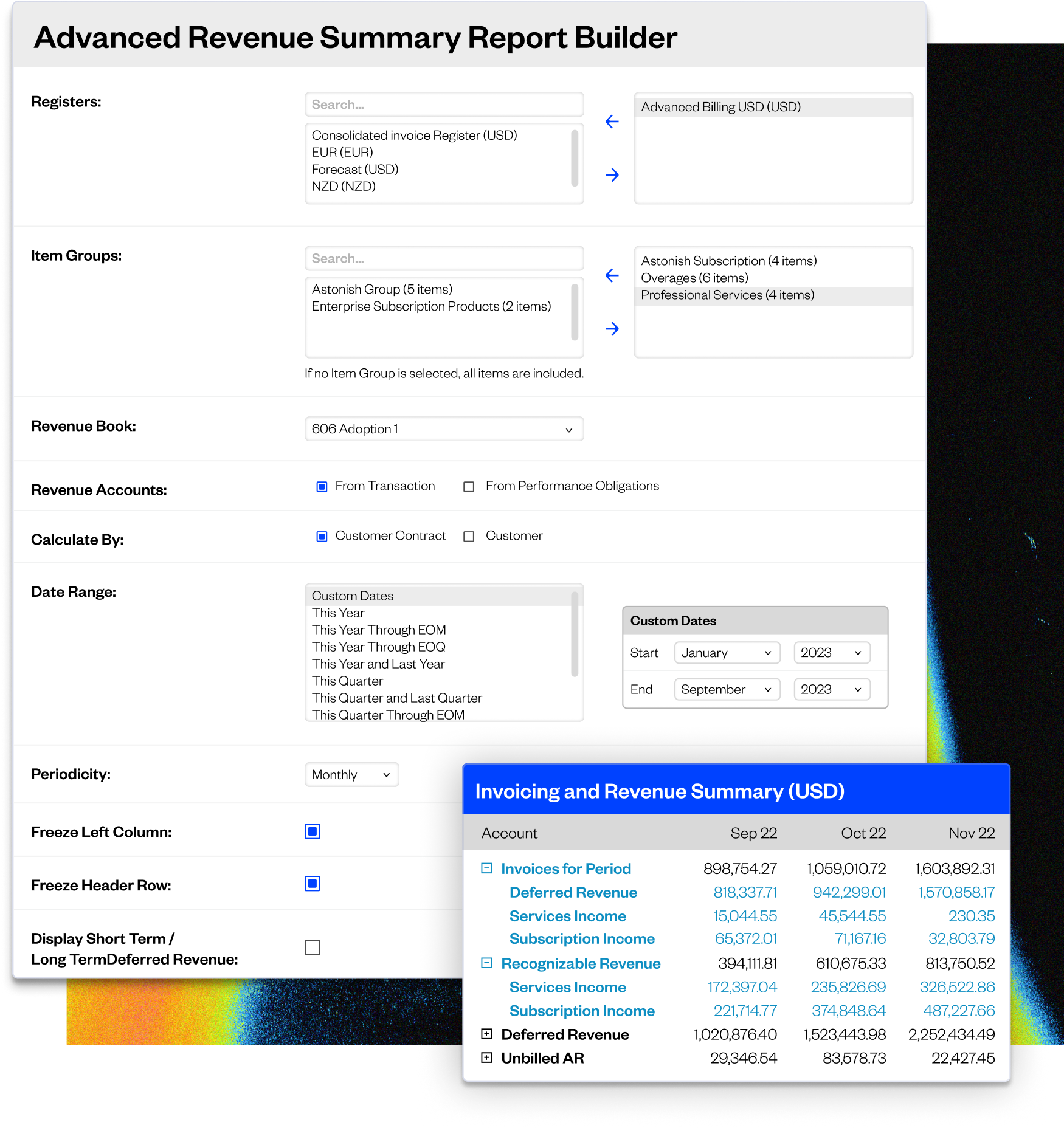 A screenshot of Maxio's Advanced Revenue Summary report configuration options.