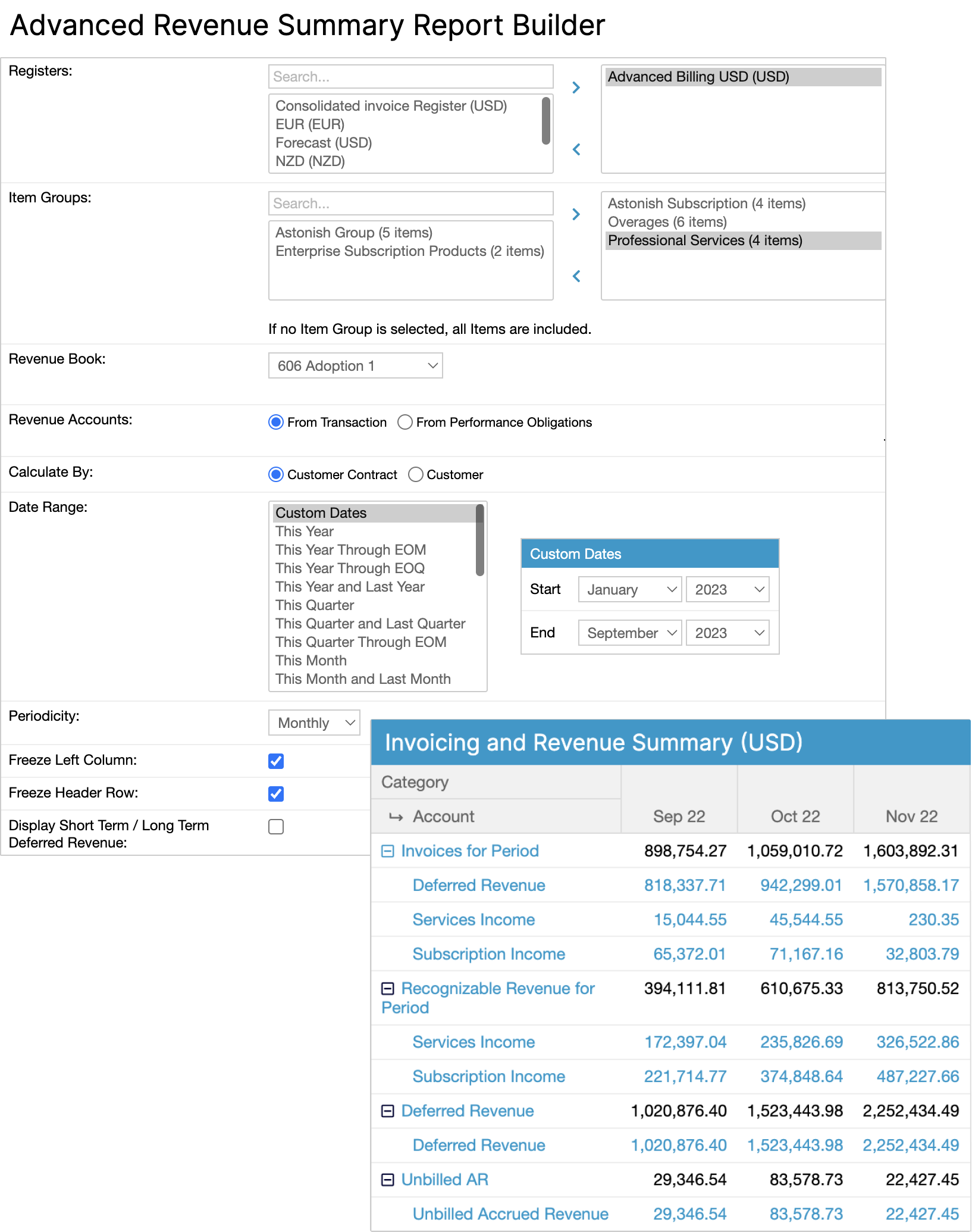 A screenshot of Maxio's Advanced Revenue Summary report configuration options.