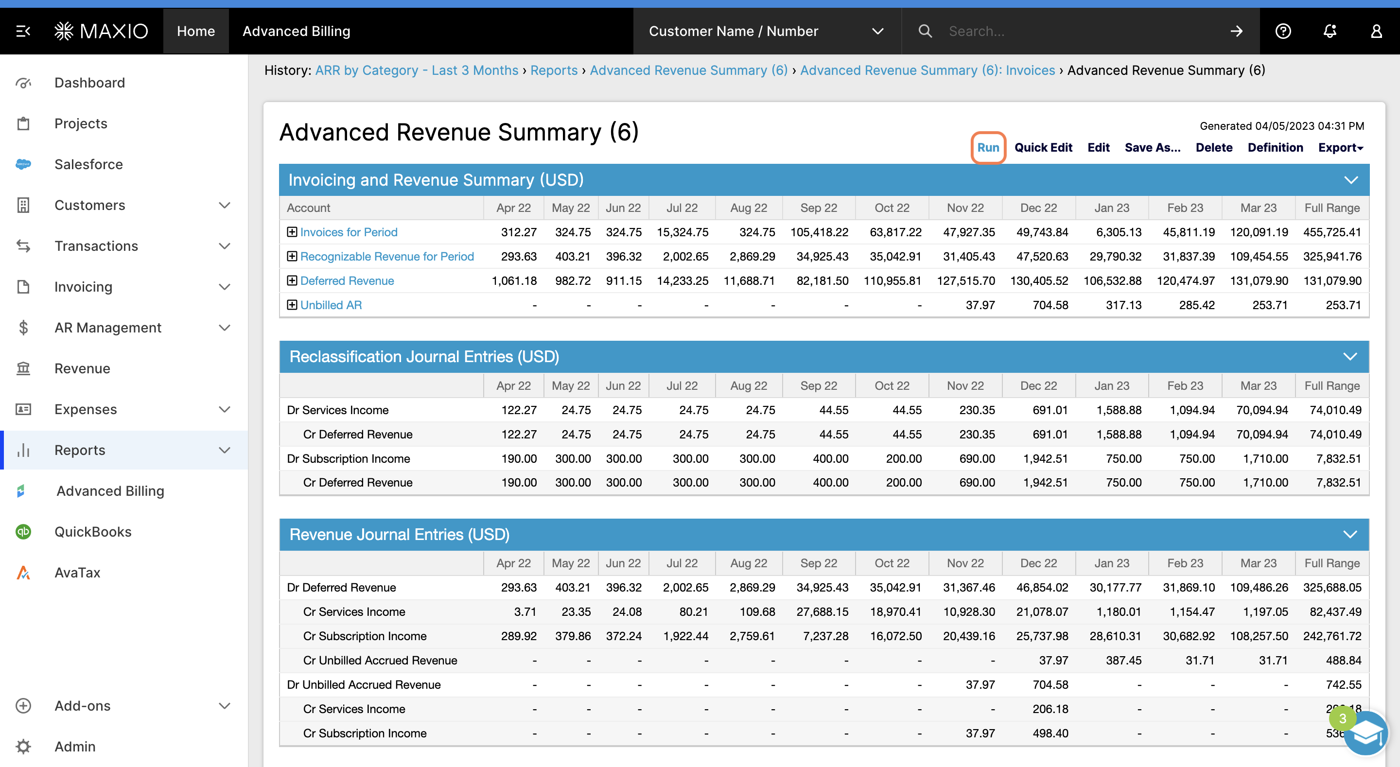 Advanced Revenue Summary report — step two
