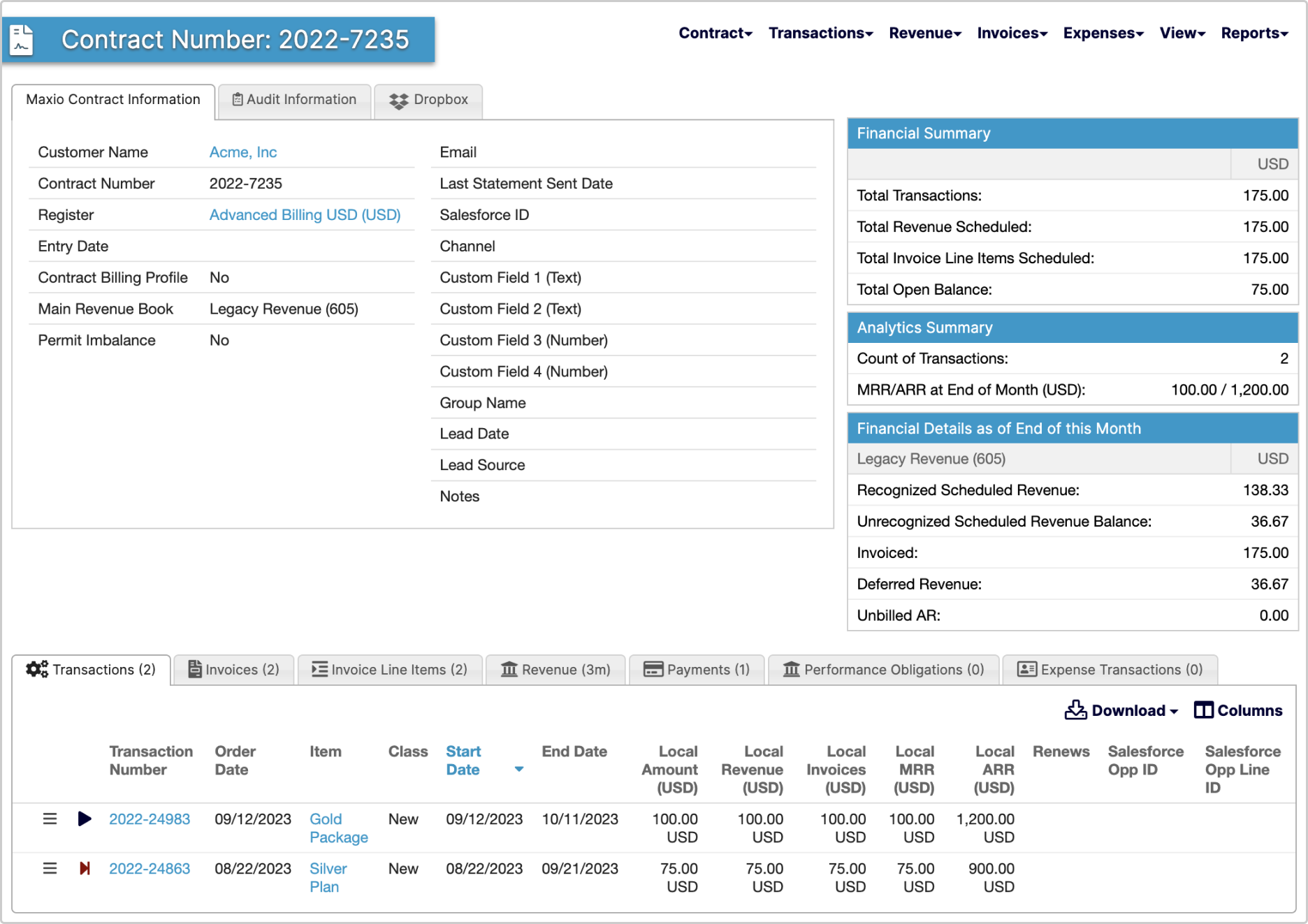 A screenshot of a Contract Details page in the Maxio platform