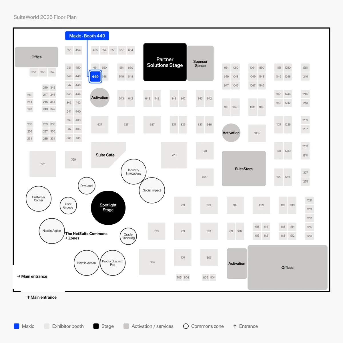 SuiteWorld 2026 expo floor map with the Maxio booth highlighted