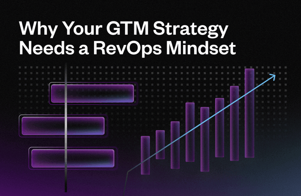Text "Why Your GTM Strategy Needs a RevOps Mindset" appears above purple bars gradually increasing in height, with an upward arrow on a black dotted background.