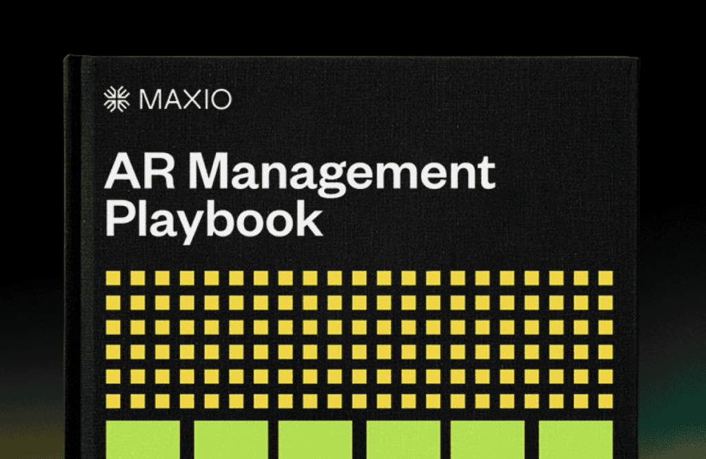Book cover features bold white text "MAXIO" and "AR Management Playbook" above a grid of yellow squares, all set against a dark background.