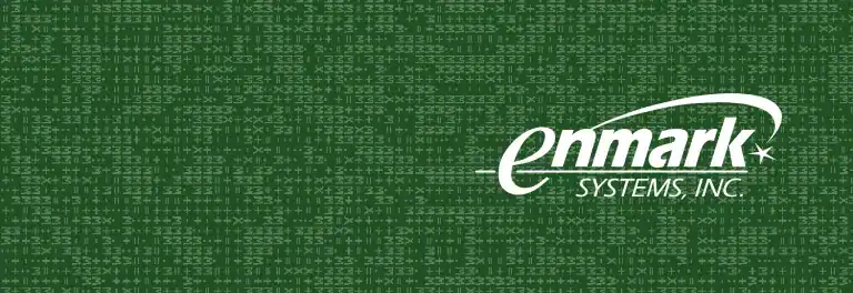 Enmark Systems logo on a digital green background for Maxio integration.