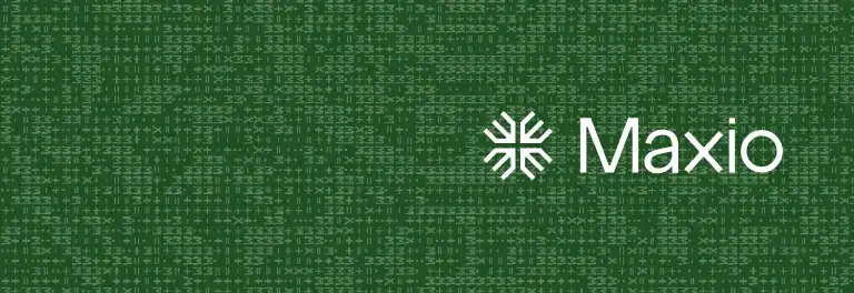 Maxio logo displayed on a digital green matrix background.