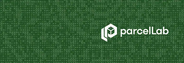 ParcelLab logo on a green digital background with code elements.
