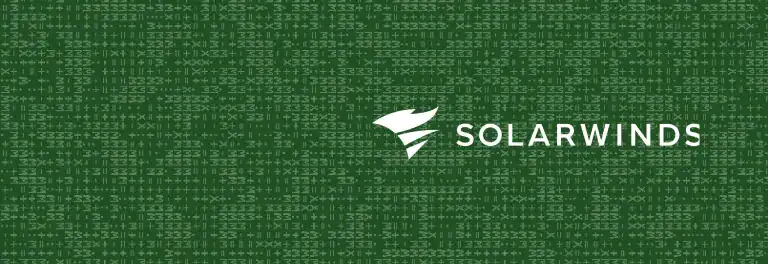 SolarWinds cybersecurity software logo on a green digital background.