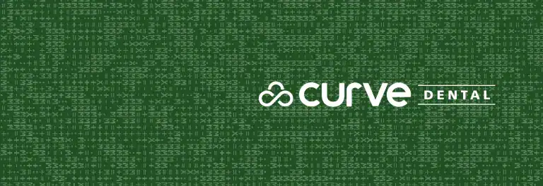 Curve Dental logo on a digital green matrix background.