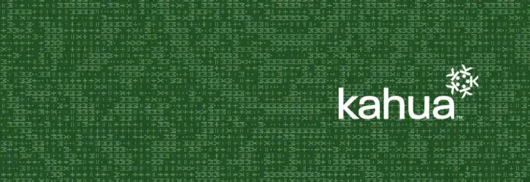 Kahua logo on a green digital matrix background.