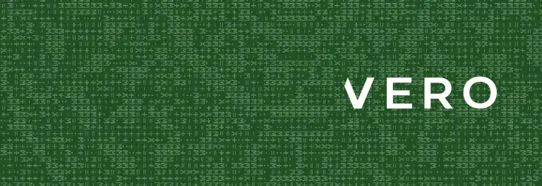 Vero logo displayed on a digital green background with code.