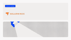 SolarWinds logo with a spotlight effect on a digital background.