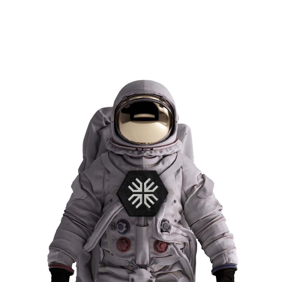 Astronaut standing upright, wearing a gray spacesuit with a snowflake emblem on the chest, against a plain green background.