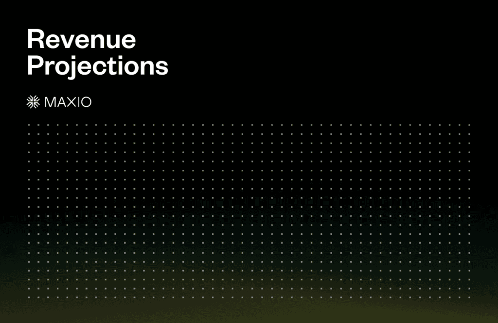 Text reading "Revenue Projections" and "MAXIO" sits on a dark background. Below, a grid of small white dots forms a pattern, creating a subtle visual effect.