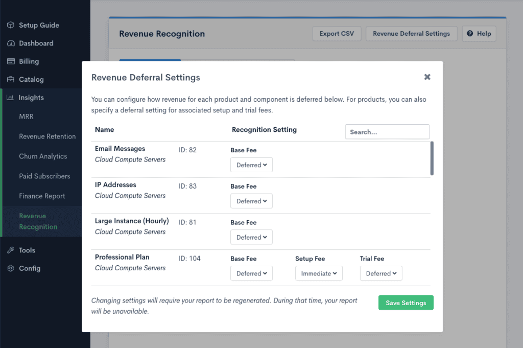 rev rec deferral settings window