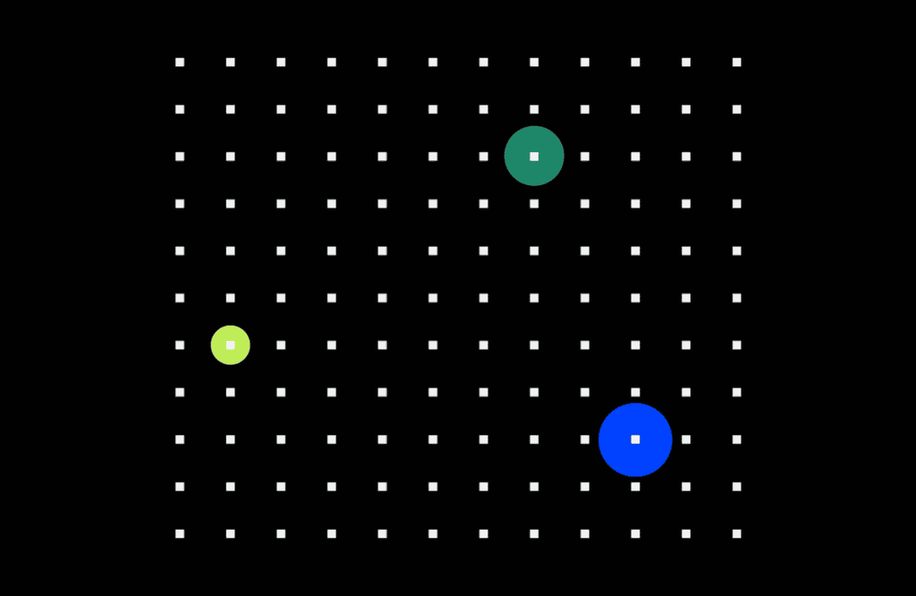Three colored circles move diagonally across a grid of small white squares on a black background. A small lime circle leads, followed by a medium teal circle, and a large blue circle.