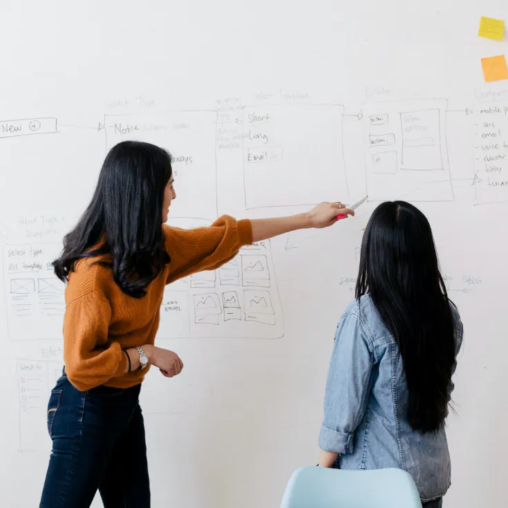 Two women talking while pointing to notes on a whiteboard
