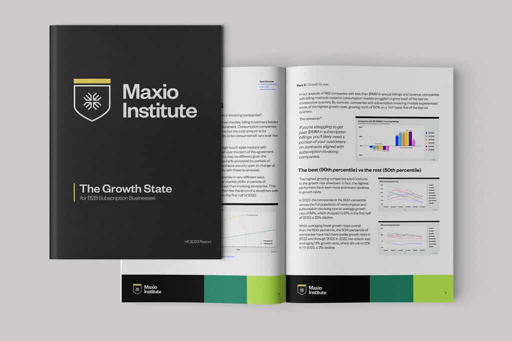 Maxio Institute: The Growth State for B2B Subscription Businesses, H1 2023 report cover.