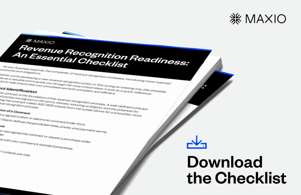 A document titled "Revenue Recognition Readiness: An Essential Checklist" from Maxio is displayed with text describing contract identification and readiness. It lies next to a "Download the Checklist" prompt with an arrow icon.