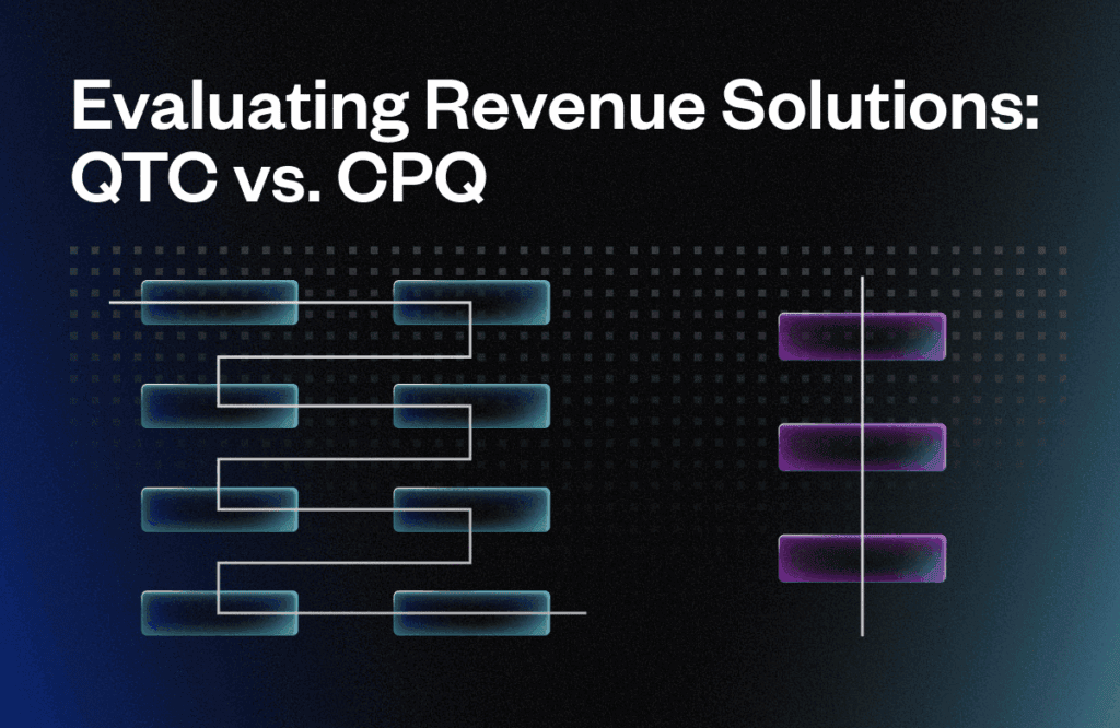 Flowcharts compare QTC and CPQ in revenue solutions, under the title "Evaluating Revenue Solutions: QTC vs. CPQ." The background features a gradient with dotted patterns.