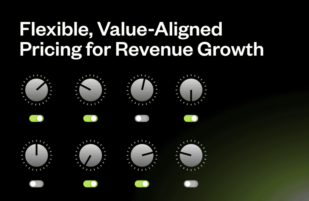 Dials and switches, set against a black background, illustrate pricing adjustments. Text reads: "Flexible, Value-Aligned Pricing for Revenue Growth," suggesting customization for business success.