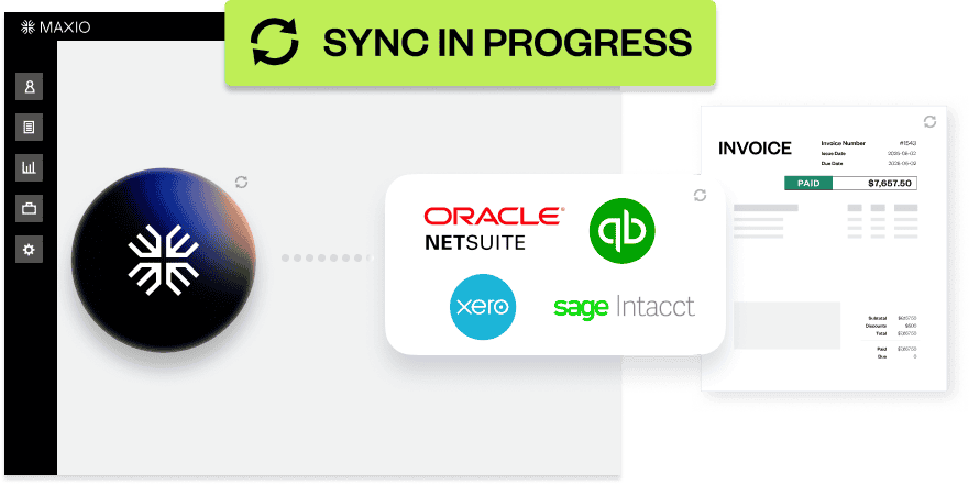 Maxio's general ledger integration map, showing Maxio connected to NetSuite, Sage Intacct, QuickBooks, and Xero.