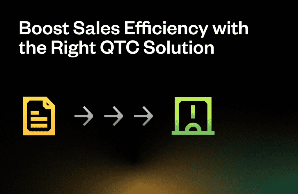 Document icon leads through arrows to another icon, with text: "Boost Sales Efficiency with the Right QTC Solution" against a black background.