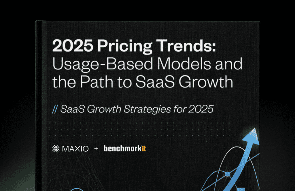 Cover with bold text displaying "2025 Pricing Trends: Usage-Based Models and the Path to SaaS Growth" and "// SaaS Growth Strategies for 2025". Logos for "MAXIO" and "benchmarkit" appear below, with abstract graphic arrows.