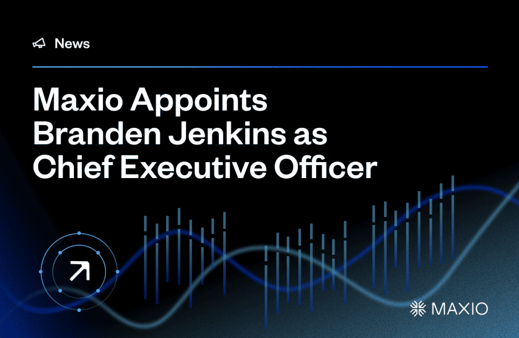 Text on a dark background announces, "Maxio Appoints Branden Jenkins as Chief Executive Officer." A graph with rising lines overlays the background, alongside the "MAXIO" logo and a directional arrow icon.