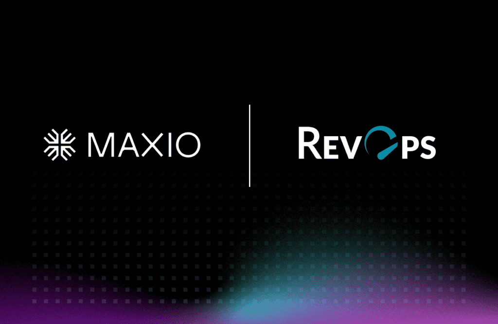 Logos of MAXIO and RevOps are displayed side by side, separated by a vertical line, against a black background with a subtle gradient of purple and teal at the bottom.