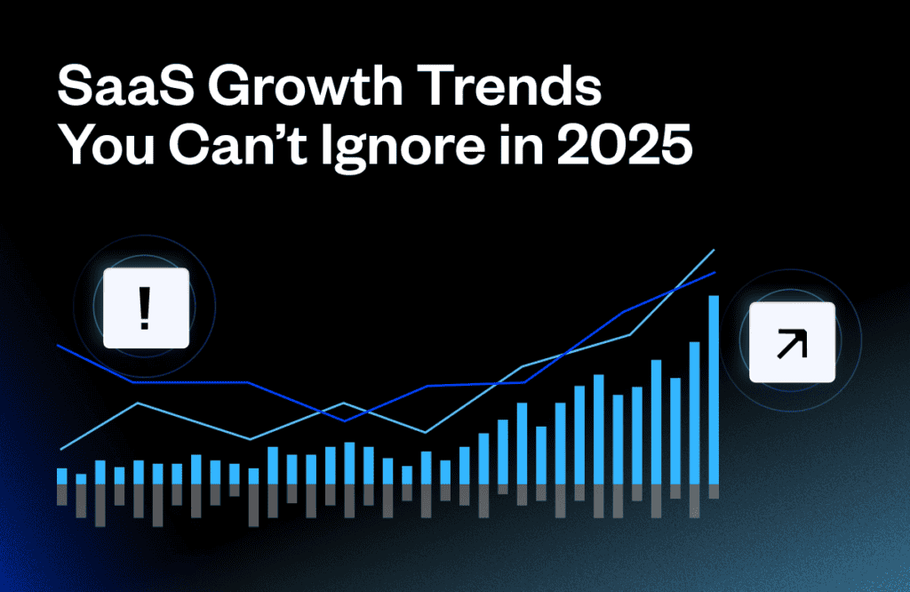 Graph displaying rising bars and lines, indicating growth trends. Exclamation and arrow icons highlight emphasis. Text reads, "SaaS Growth Trends You Can’t Ignore in 2025." Dark background enhances focus.