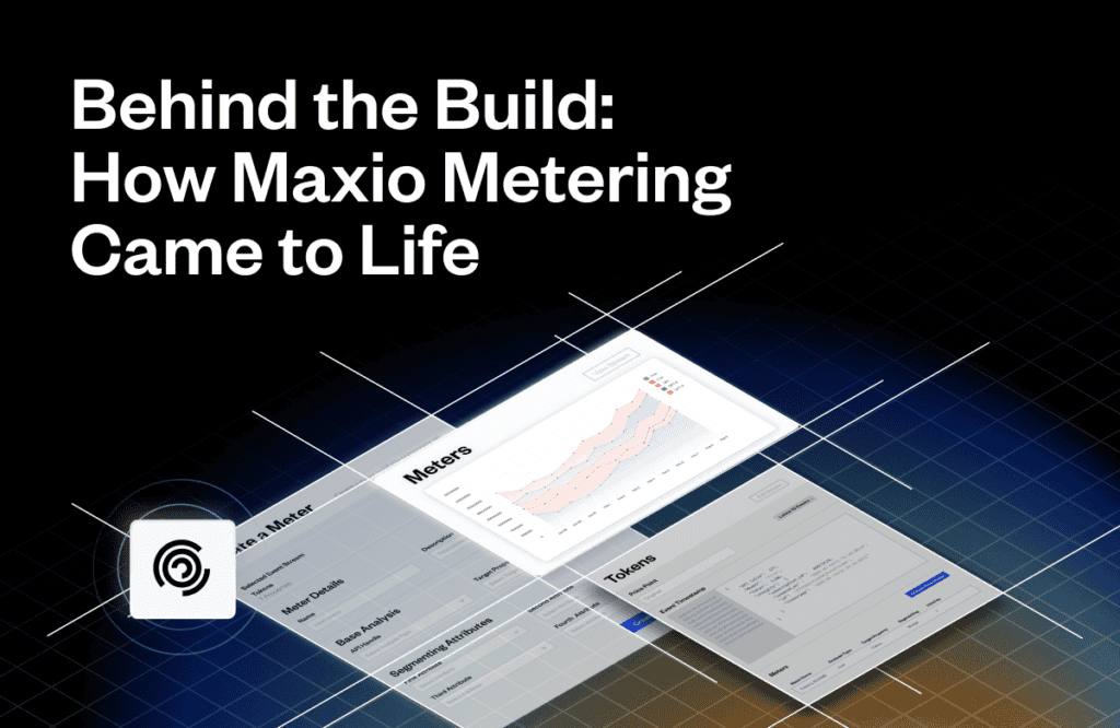 Text elements float over a grid background. The text reads: "Behind the Build: How Maxio Metering Came to Life." The visual shows layered digital interfaces and charts.