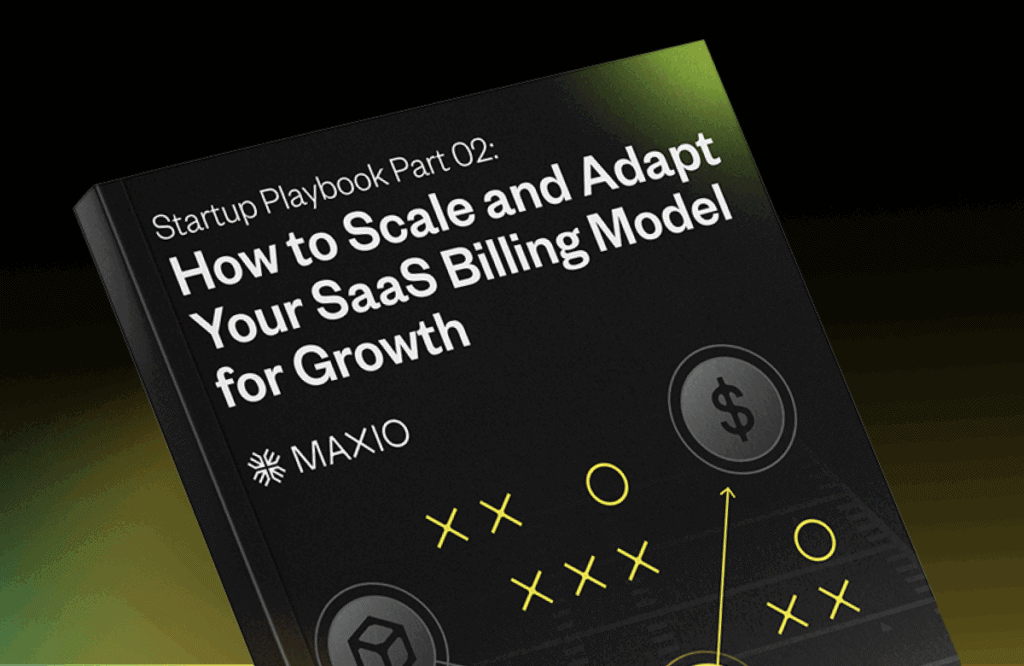 A book titled "Startup Playbook Part 02: How to Scale and Adapt Your SaaS Billing Model for Growth" by Maxio, features a dark cover with strategic symbols and a dollar sign.