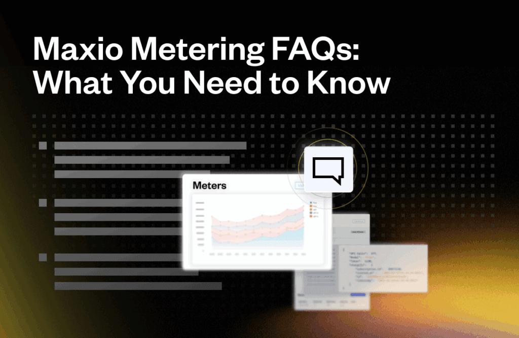 Text "Maxio Metering FAQs: What You Need to Know" displayed above a graph labeled "Meters," surrounded by lines, a chat icon, and blurred text boxes on a dark background.