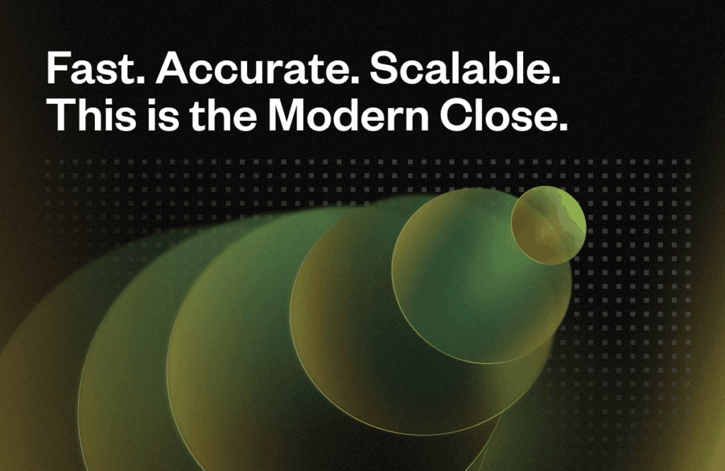 Text "Fast. Accurate. Scalable. This is the Modern Close." overlays abstract green, layered circles against a dark background with square patterns, creating a futuristic design theme.