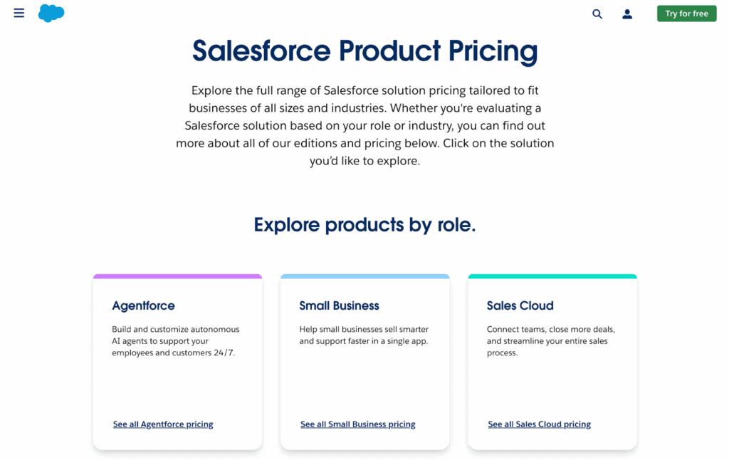 Salesforce’s product pricing page