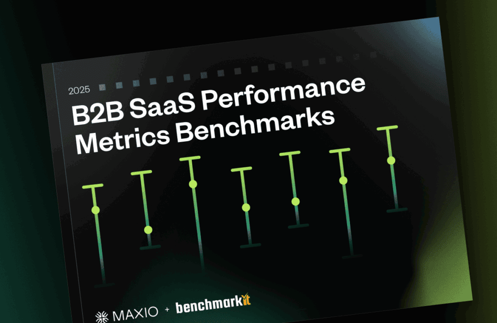 Title text on a dark background: "B2B SaaS Performance Metrics Benchmarks 2025." Vertical green bars with circular markers. Logos at bottom: MAXIO and benchmarkit.