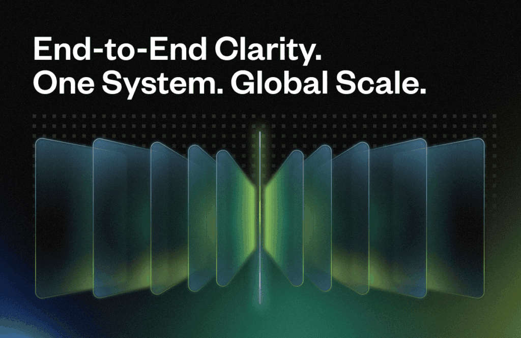 Panels form a translucent, symmetrical pattern, radiating light in a digital space. Text reads: "End-to-End Clarity. One System. Global Scale." Dots align horizontally in the background.