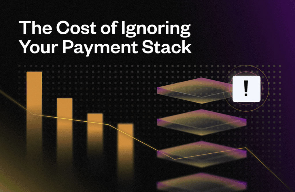 Bar chart with declining bars and a warning symbol overlays layered platforms. Dark background with text reads: "The Cost of Ignoring Your Payment Stack."