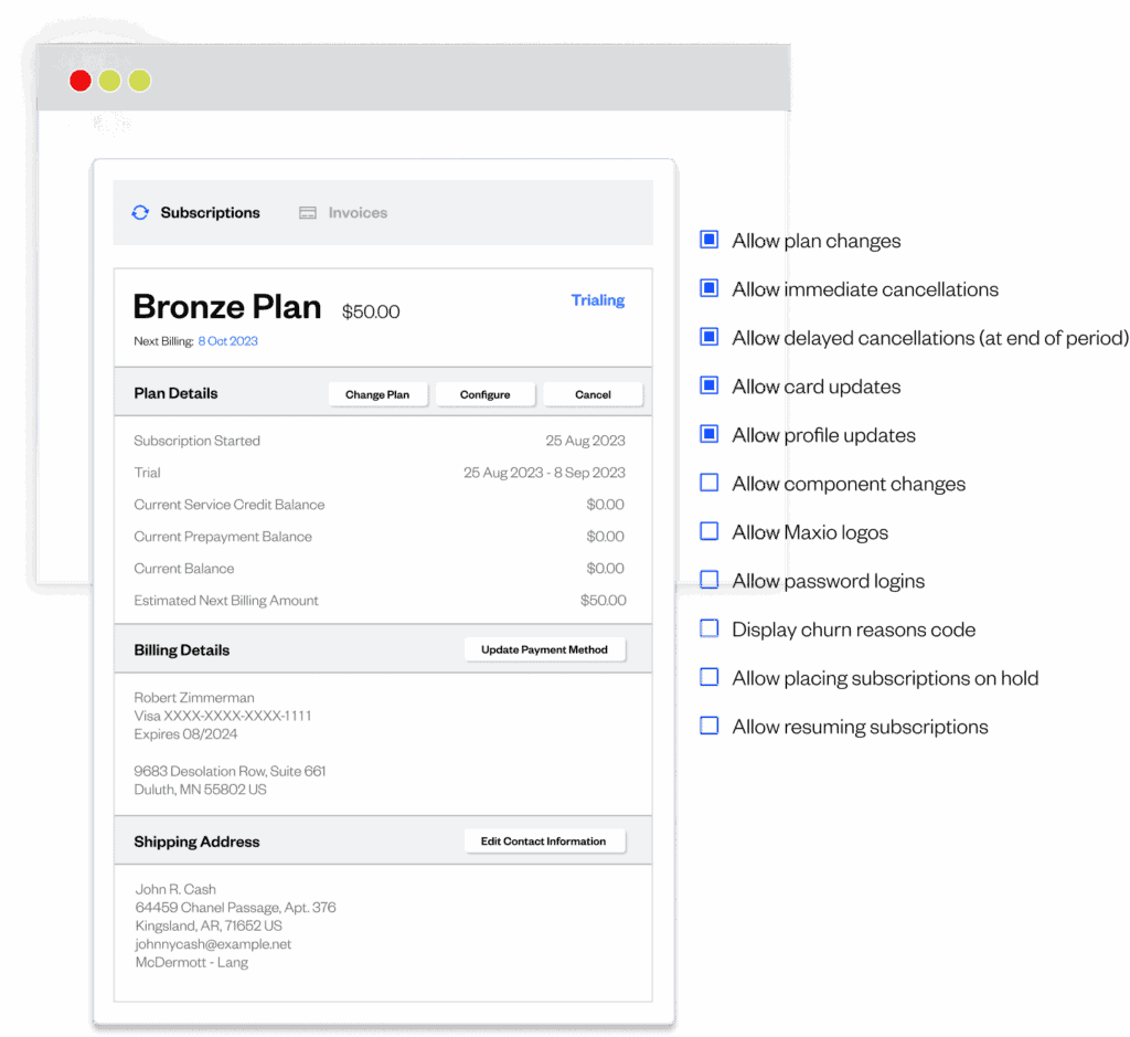 A mockup of a custom billing plan built using Maxio