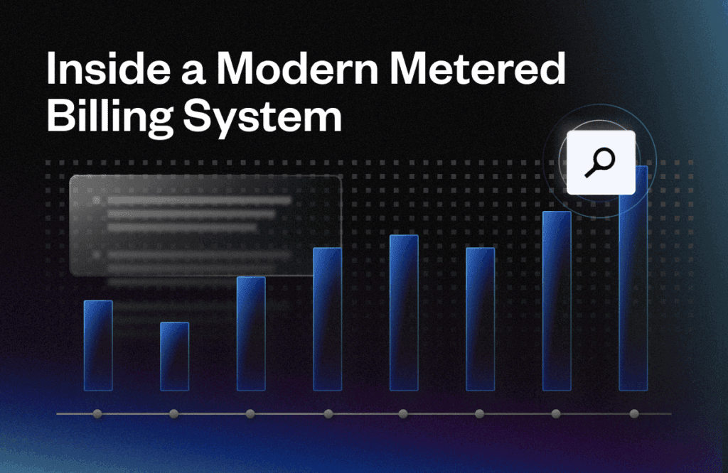 Blue bar graph displays varying heights, beneath text "Inside a Modern Metered Billing System" on a dark, dotted background. A magnifying glass icon overlays the tallest bar.