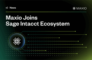 News card announces "Maxio Joins Sage Intacct Ecosystem." Features company logo, digital lines, and a dark gradient background, creating a sleek and modern look.