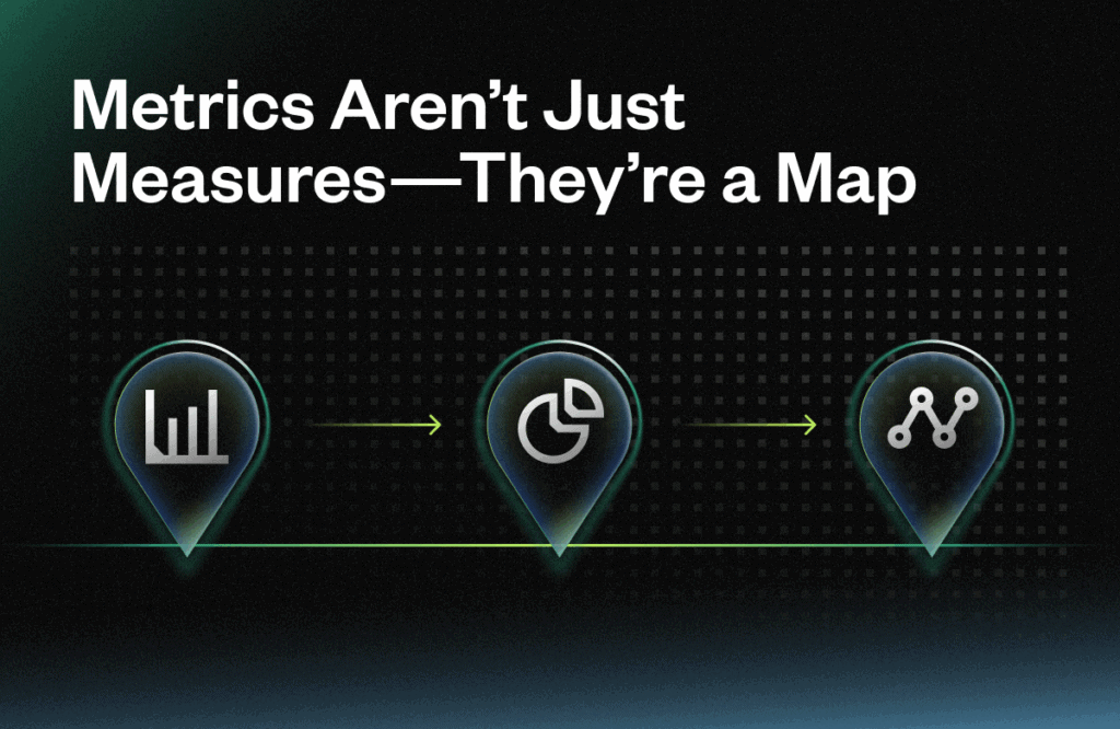 SaaS metrics visualization with data points and map icons.