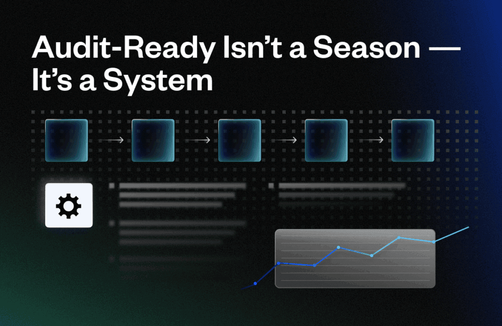Text reads, "Audit-Ready Isn’t a Season — It’s a System." Four squares connected by arrows are followed by a gear icon. Below, a line graph ascending on a grid background.
