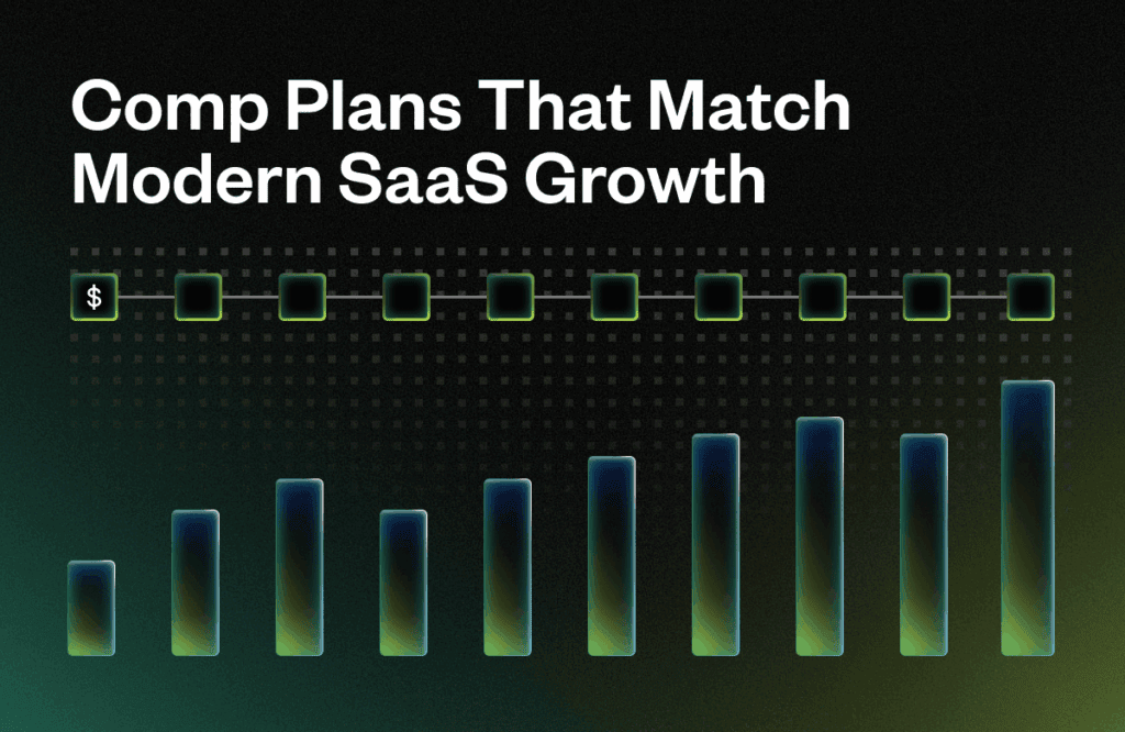 Bar graph depicting increasing values under the text "Comp Plans That Match Modern SaaS Growth," with a dollar icon and squares connected by a line above the bars, against a dark background.