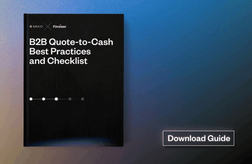 Book cover displays the title "B2B Quote-to-Cash Best Practices and Checklist" with logos "Maxio" and "Finvisor," set against a gradient background. A "Download Guide" button is on the right.