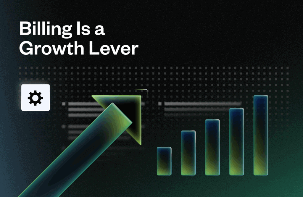 SaaS billing process growth chart with upward arrow and increasing bar graph.