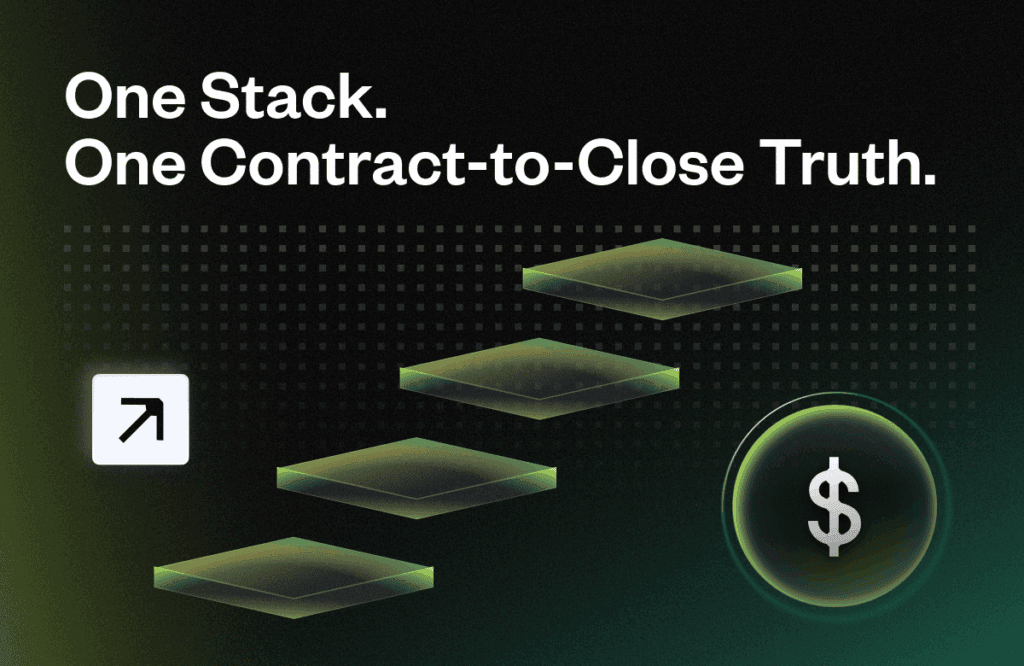 Digital platforms resembling steps ascend diagonally. A dollar sign in a circular icon is positioned lower right. Background features dark squares with white text: "One Stack. One Contract-to-Close Truth.”