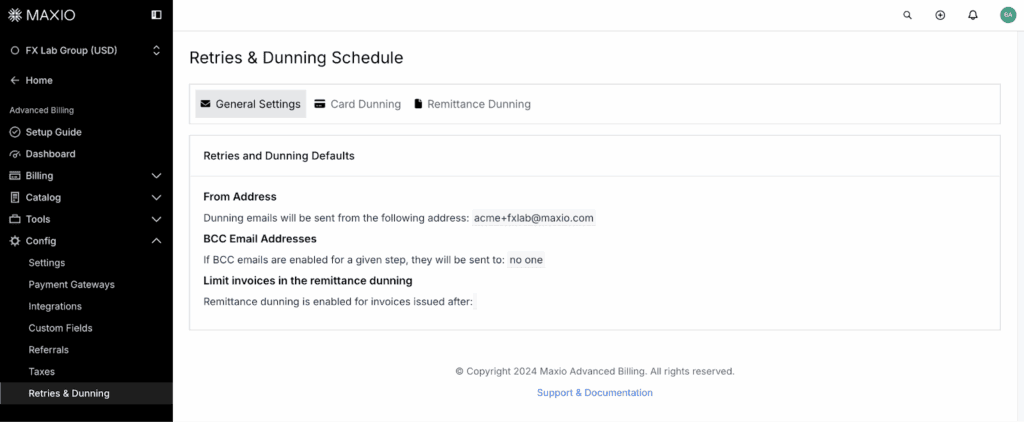 A product screenshot of Maxio’s retries and dunning schedules module