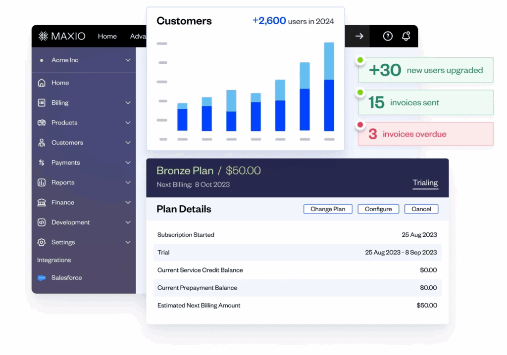 A mockup of Maxio’s subscription billing modules